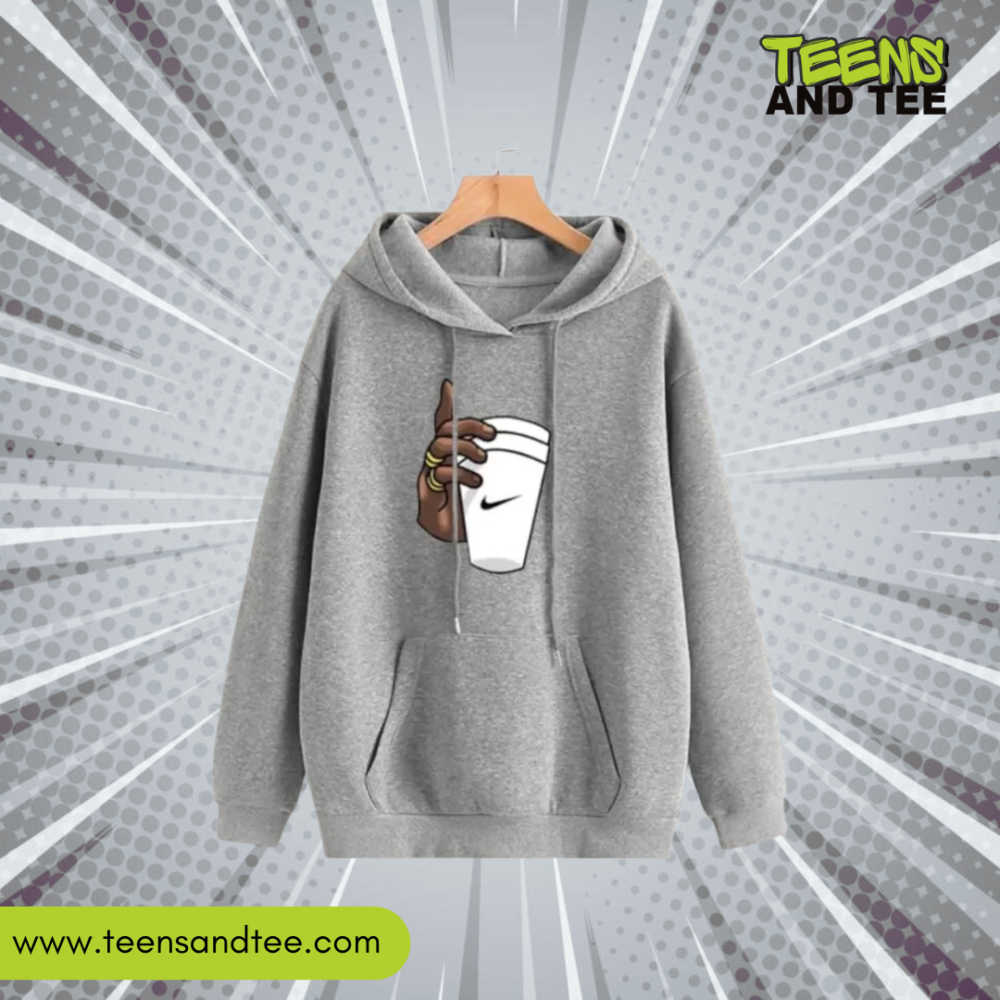 Hand With Cup Printed Hoodie in Grey Color
