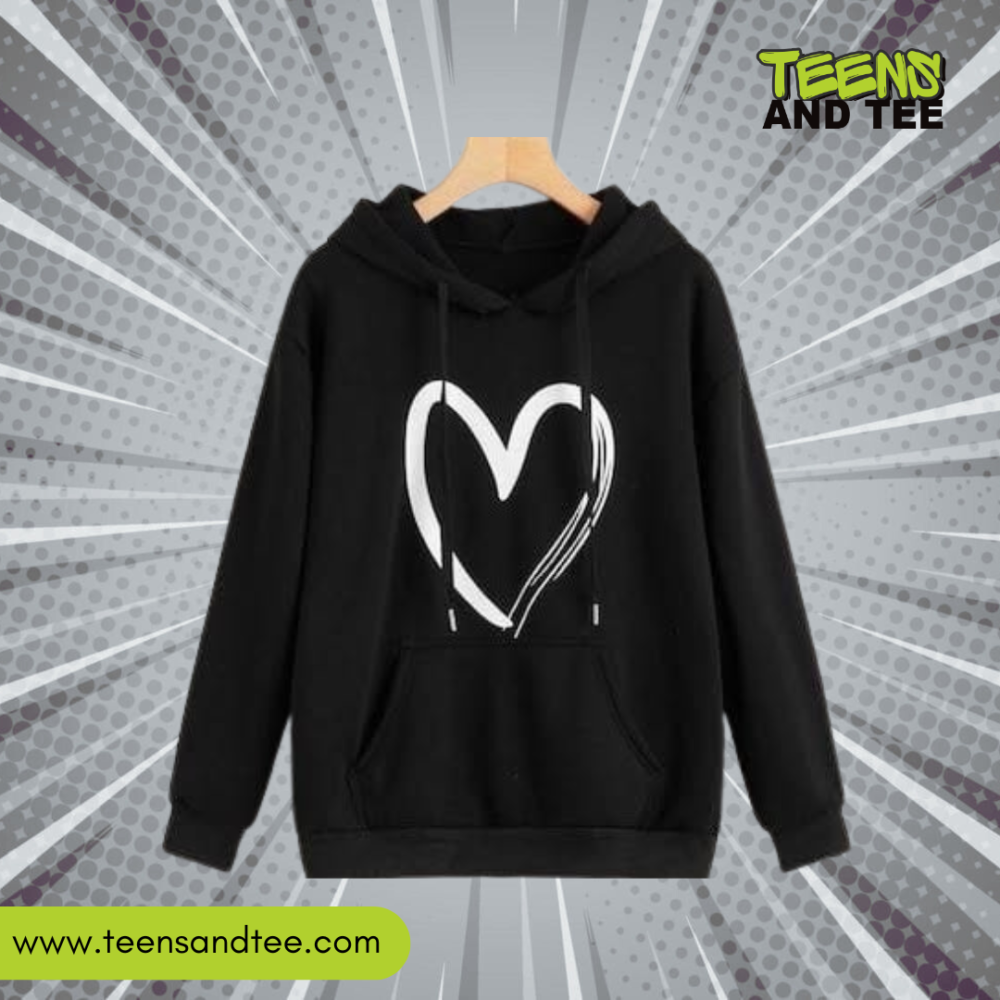 Heart Printed Hoodie in Black