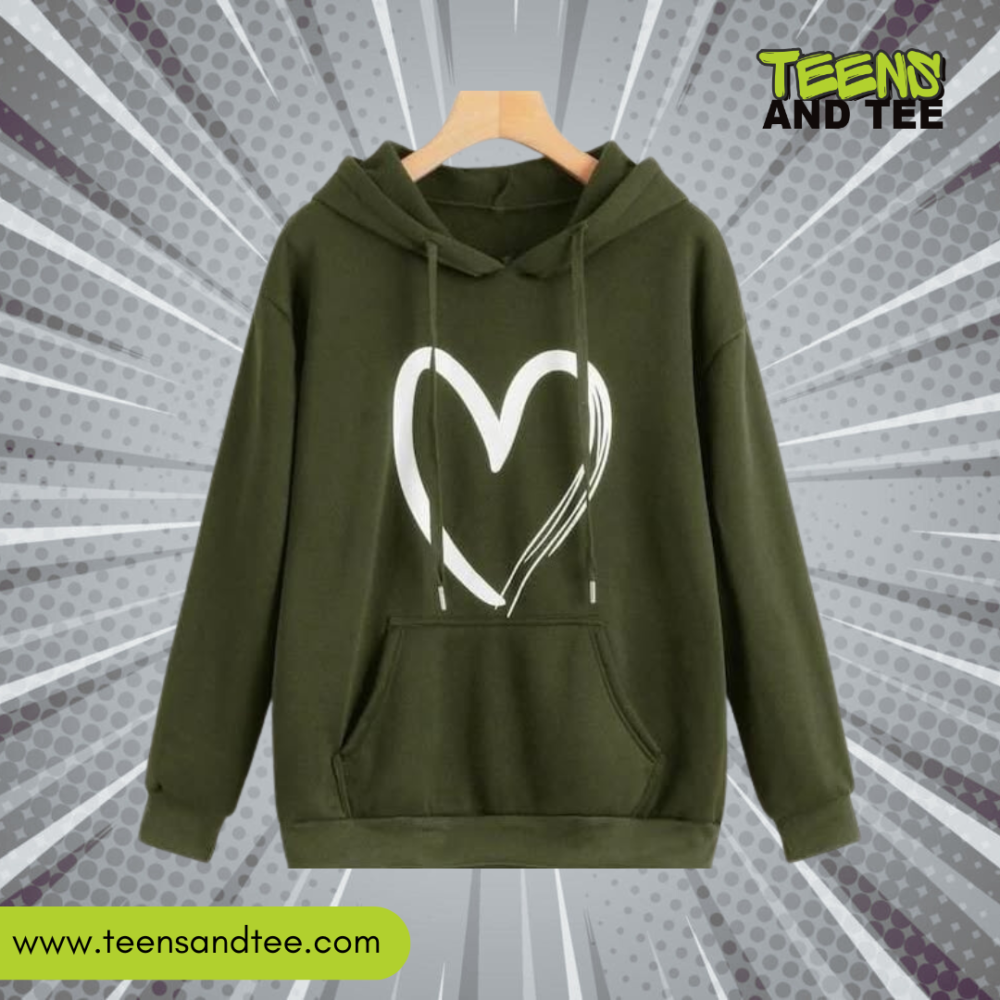 Heart Printed Hoodie in Olive Green